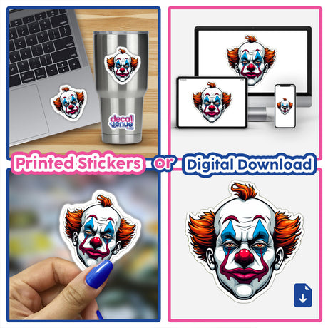 Palhaço Sério sticker collage featuring a clown face with red hair and a blue nose, shown on various surfaces like a laptop, cup, and phone.