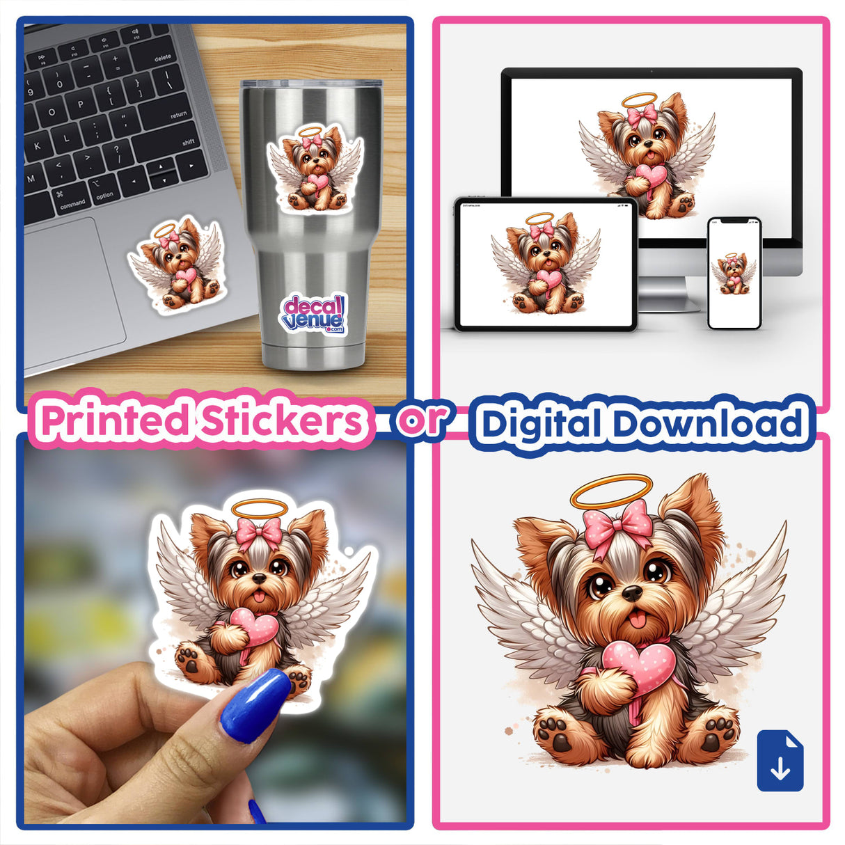 Yorkie Angel Dog Holding Heart sticker collage, featuring cartoon dogs on a laptop and cup, available as vinyl stickers or digital artwork from Decal Venue.