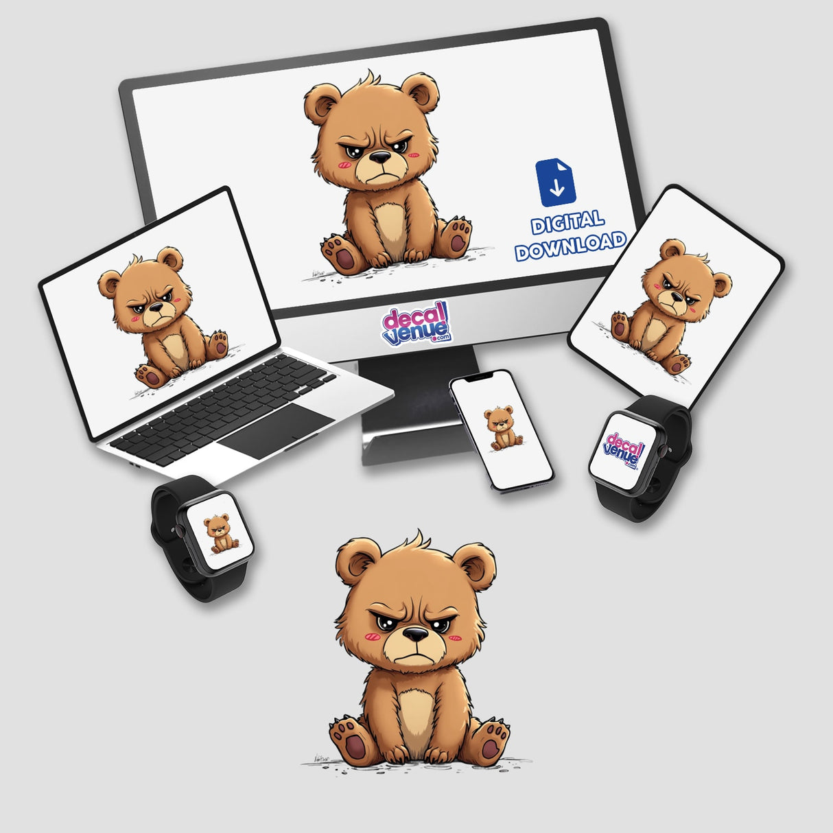 Adorably Grumpy Bear Cartoon displayed on a computer monitor, laptop, smartwatch, and phone screen. Available as stickers or digital artwork from Decal Venue.