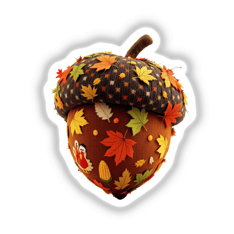 Autumn Acorn Knit Fabric Design featuring a stuffed, knitted acorn adorned with leaves, available as unique stickers or digital artwork from Decal Venue.