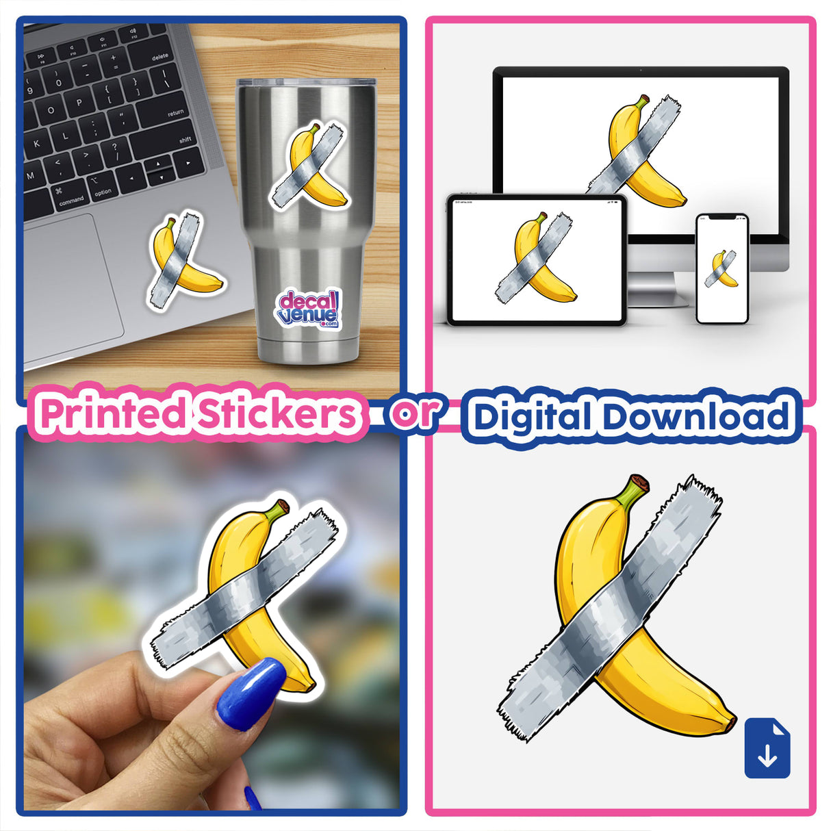 Banana Duct Tape Art: A whimsical depiction of a banana wrapped in tape, available as unique stickers or digital artwork from Decal Venue.