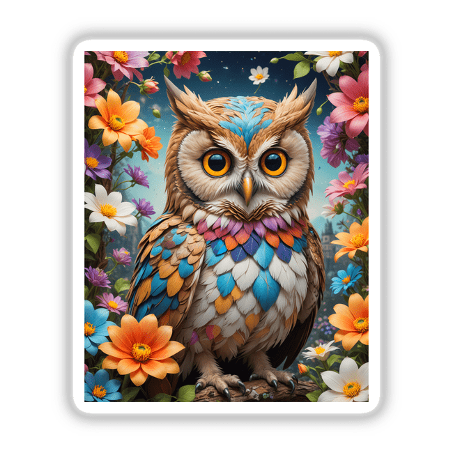 A Lovely Owl With Blooming Flowers: An artistic depiction of a vibrant owl surrounded by flowers, available as stickers or digital artwork from Decal Venue, specializing in unique vinyl creations.