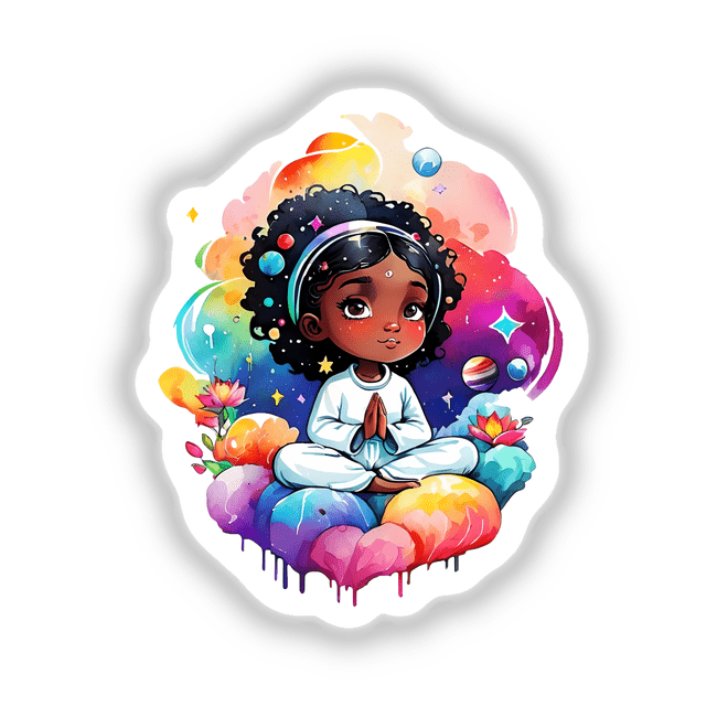 Space Meditation: Kawaii Girl Meditating - Sticker Design; a cartoon girl sits cross-legged on a colorful cloud, eyes closed in meditation. Available as stickers or digital artwork from Decal Venue.