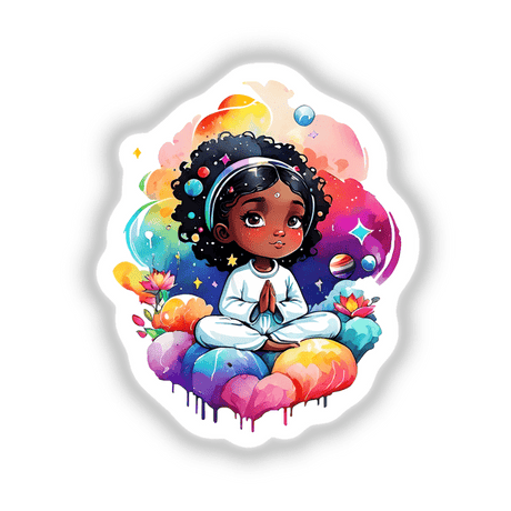 Space Meditation: Kawaii Girl Meditating - Sticker Design; a cartoon girl sits cross-legged on a colorful cloud, eyes closed in meditation. Available as stickers or digital artwork from Decal Venue.