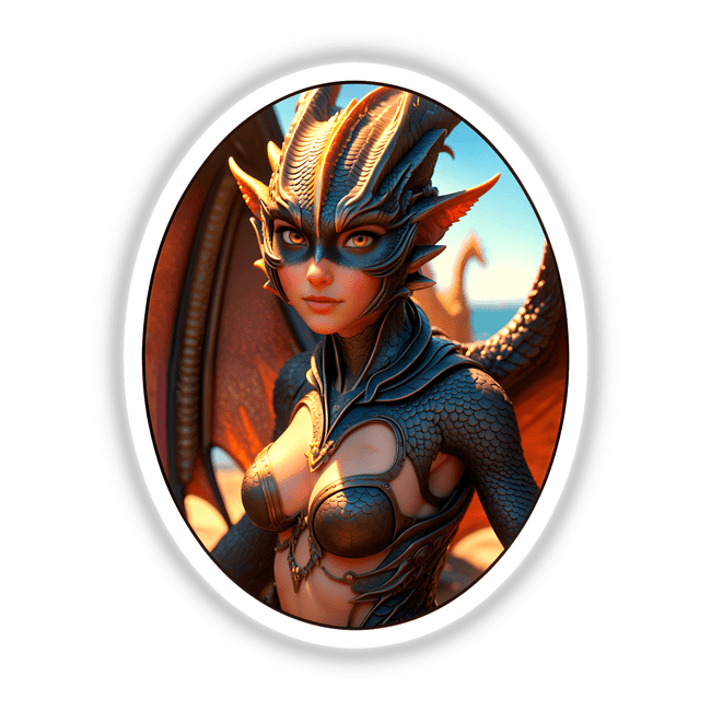 A Beautiful Fantasy Dragon Girl depicted in cartoon style, showcasing a woman in a dragon-themed garment, available as stickers or digital artwork from Decal Venue.