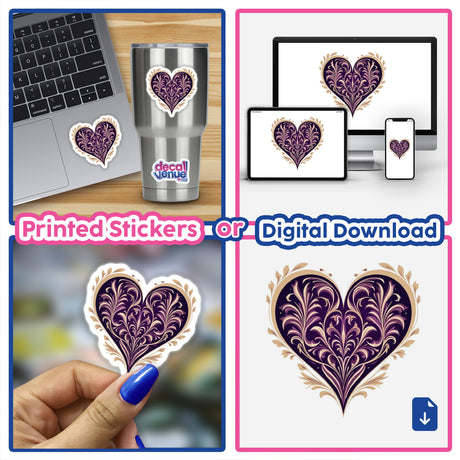 Elegant Purple and Gold Aesthetic Heart Clipart featuring intricate designs, available as stickers or digital downloads, shown on a laptop, cup, and held by a person.