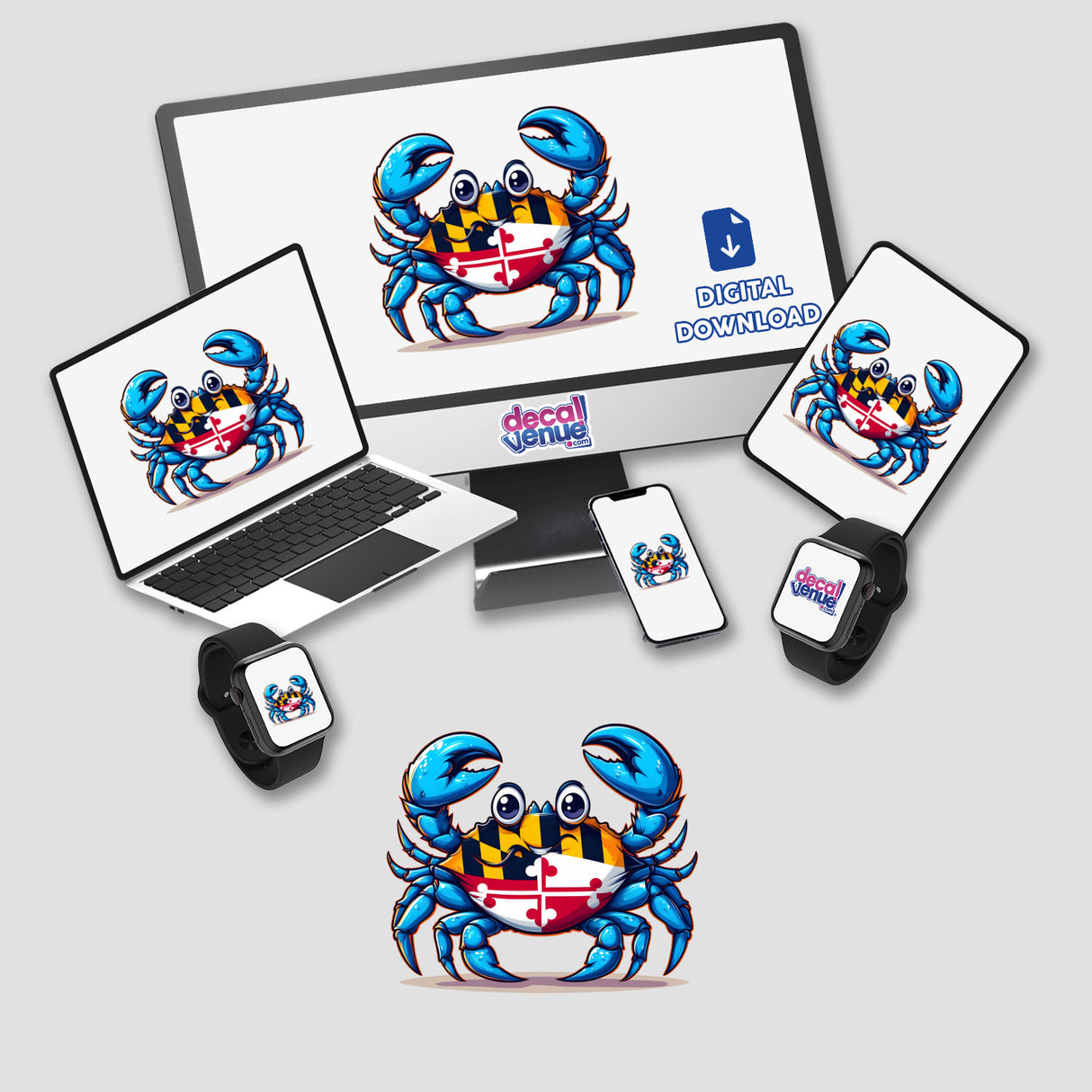 Colorful digital artwork featuring a smiling blue crab with a playful expression, surrounded by various electronic devices displaying the Decal Venue branding and a "Digital Download" message.