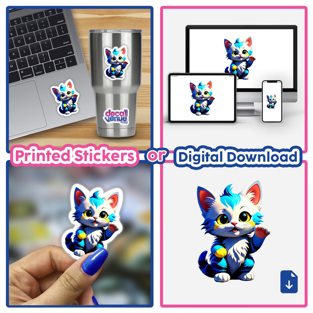 A collage featuring A Cute Little Kitten sticker on a laptop, showcasing a blue and white cartoon cat design. Available as stickers or digital artwork at Decal Venue.