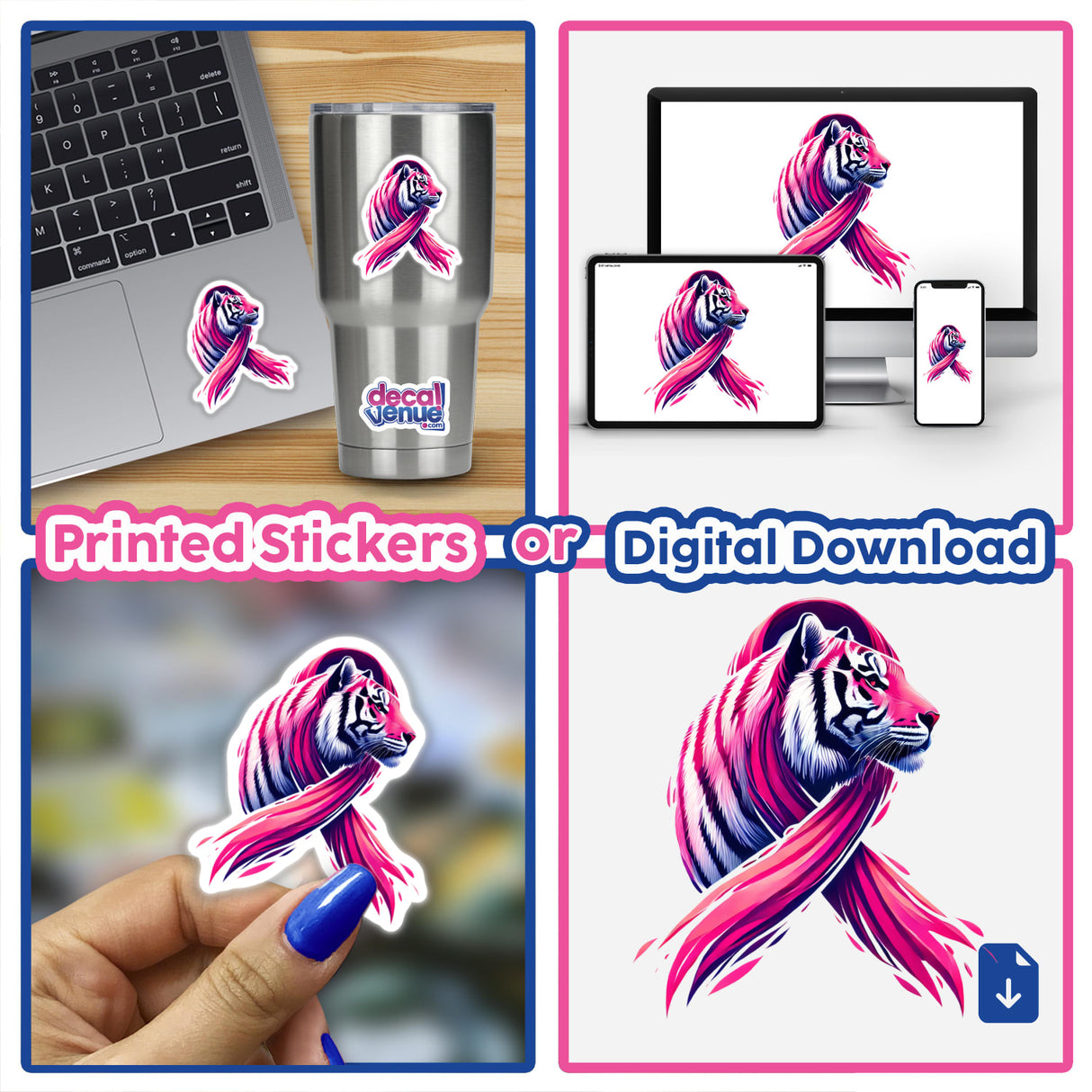 Tiger Pink Ribbon Breast Cancer stickers and digital artwork collage, featuring a pink and white tiger with a pink ribbon, displayed on various surfaces like a laptop and a hand.