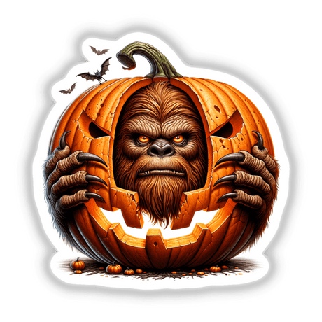 Frightening Sasquatch emerging from Halloween pumpkin, digital artwork with bats flying around