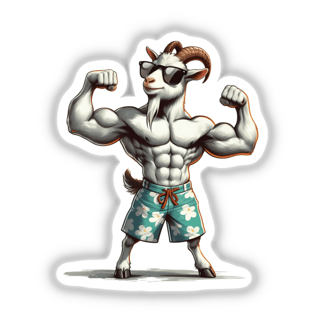 Cartoon of The Muscular Goat flexing muscles, wearing sunglasses and shorts, available as stickers or digital artwork at Decal Venue.