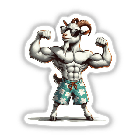 Cartoon of The Muscular Goat flexing muscles, wearing sunglasses and shorts, available as stickers or digital artwork at Decal Venue.