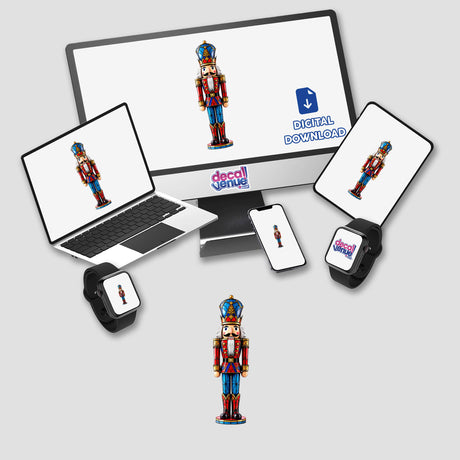 Nutcracker Soldier Stained Glass Style digital artwork displayed on various devices, including a computer monitor and laptop, showcasing its availability as stickers or digital art.