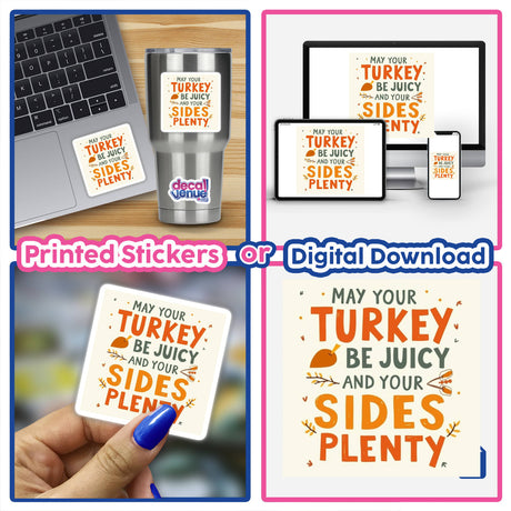 Thanksgiving-themed sticker reading May Your Turkey Be Juicy and Your Sides Be Plenty, featuring whimsical clipart. Available as both a sticker and digital artwork.