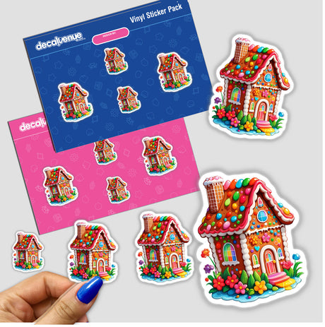 Adorable Gingerbread House Sticker - Delightful Kawaii Holiday Design featuring a cartoon gingerbread house adorned with flowers and grass, available as individual stickers or a sticker pack.