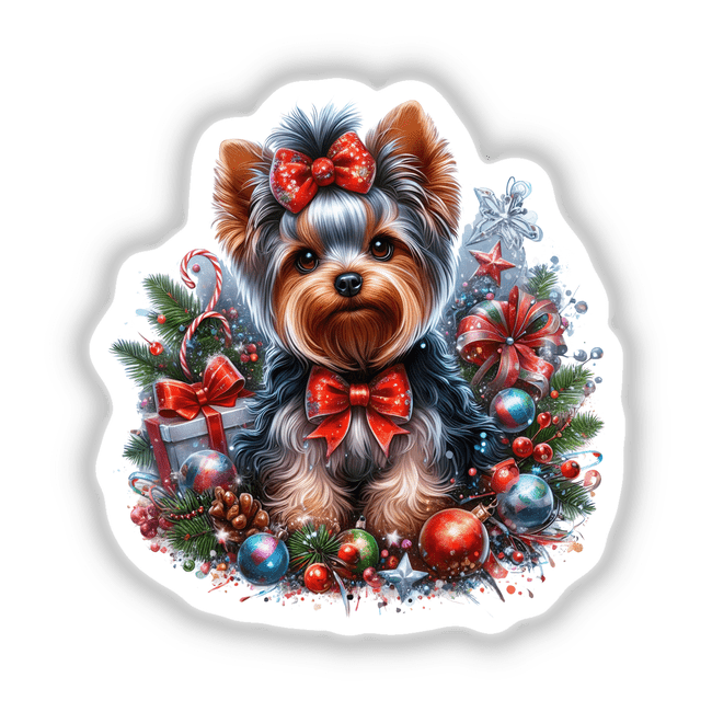 Christmas Yorkie Dog adorned with a festive bow tie and ornaments, available as unique stickers or digital artwork.