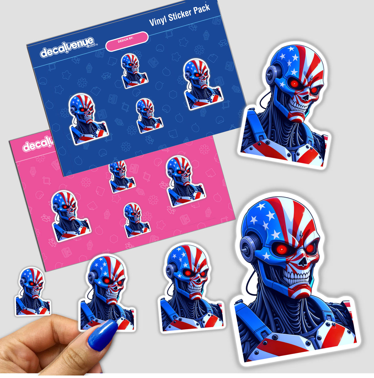 A Cool American Flag Army Cyborg sticker featuring a cartoon robot with flag-themed elements, available as unique stickers or digital artwork from Decal Venue.