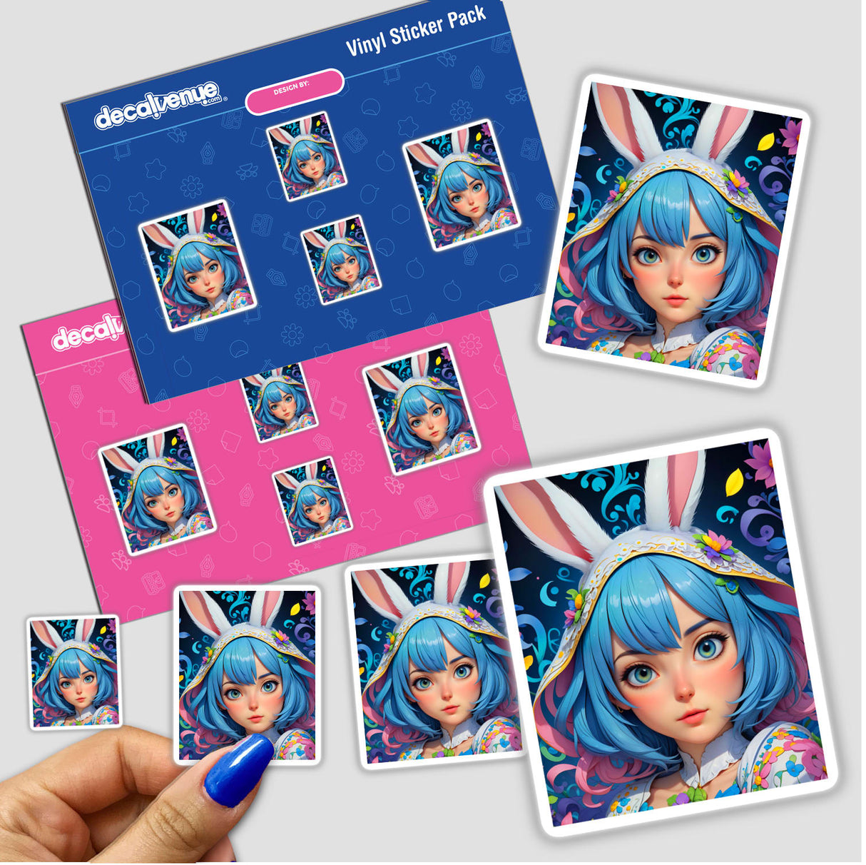 A Cute Easter Bunny Girl stickers featuring a cartoon character with blue hair and rabbit ears, available from Decal Venue as unique vinyl stickers or digital artwork.