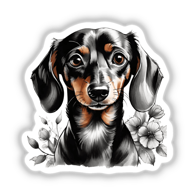 Dachshund Dog Portrait Floral Accents PA14: An artistic sketch of a dachshund adorned with floral accents, available as stickers or digital artwork.