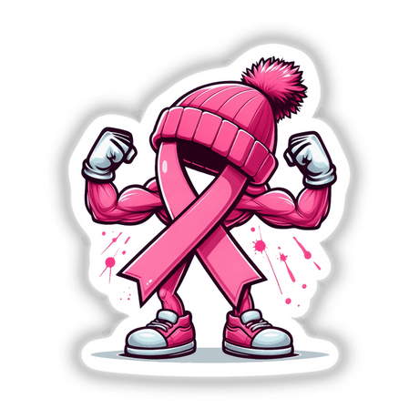 Flexing Pink Breast Cancer Ribbon Beanie III: Cartoon pink ribbon with white gloves, flexing in a beanie, available as stickers or digital artwork from Decal Venue.