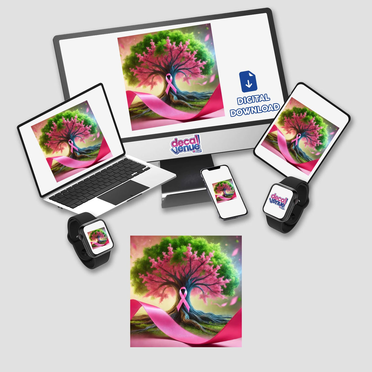 Tree of Life - Pink Ribbon as the trunk of a flourishing tree on a computer monitor and laptop screen. Available as stickers or digital downloads for decor.