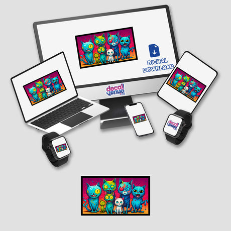 Six crazy colored Psycho Cats depicted on a laptop screen, available as stickers or digital artwork. The image also features a computer monitor, phone, tablet, and smartwatch displaying similar cat designs.