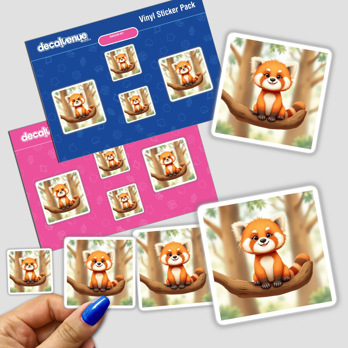 Sticker featuring an adorable red panda sitting on a tree branch in a forest, depicted in a cartoon style. The design is available as both a sticker and digital artwork.