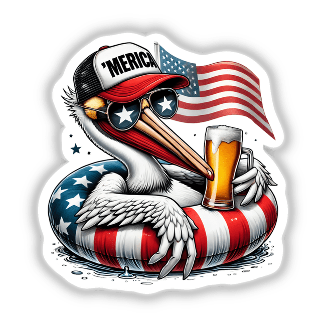 Cartoon of a pelican with sunglasses and a hat, holding a beer and an American flag, titled White Pelican American Flag Float Merica. Available as stickers or digital artwork.