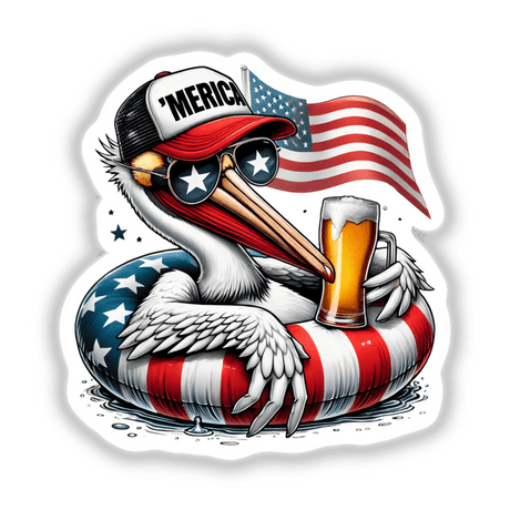 Cartoon of a pelican with sunglasses and a hat, holding a beer and an American flag, titled White Pelican American Flag Float Merica. Available as stickers or digital artwork.