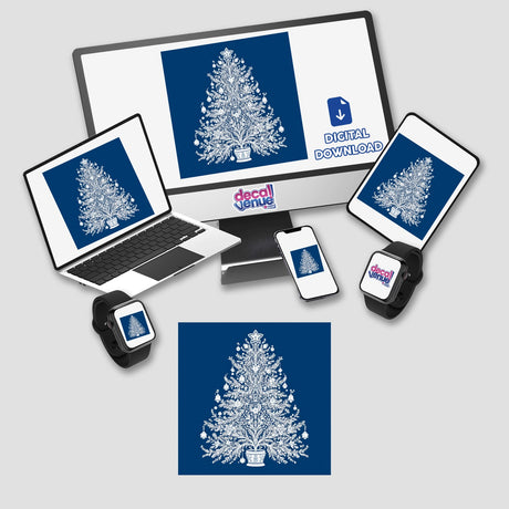 Chinoiserie Style Christmas Tree digitally displayed on a computer monitor and laptop, available as stickers or digital artwork.