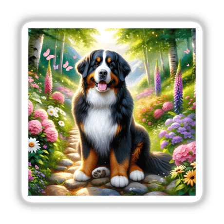 Bernese Mountain Dog on a Peaceful Mountain Trail Watercolor Illustration showcasing a serene dog seated on a forest path, available as stickers or digital artwork from Decal Venue.