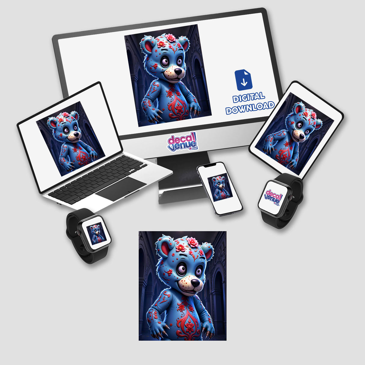 A Macabre Scary Bear cartoon displayed on a computer and laptop, emphasizing its availability as unique stickers or digital artwork from Decal Venue.