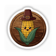 Kawaii Corn on the Cob in Pilgrim Hat Thanksgiving Design; a cartoon corn character wearing a pilgrim hat, available as stickers or digital artwork from Decal Venue.