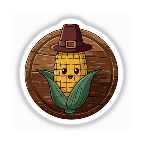 Kawaii Corn on the Cob in Pilgrim Hat Thanksgiving Design; a cartoon corn character wearing a pilgrim hat, available as stickers or digital artwork from Decal Venue.