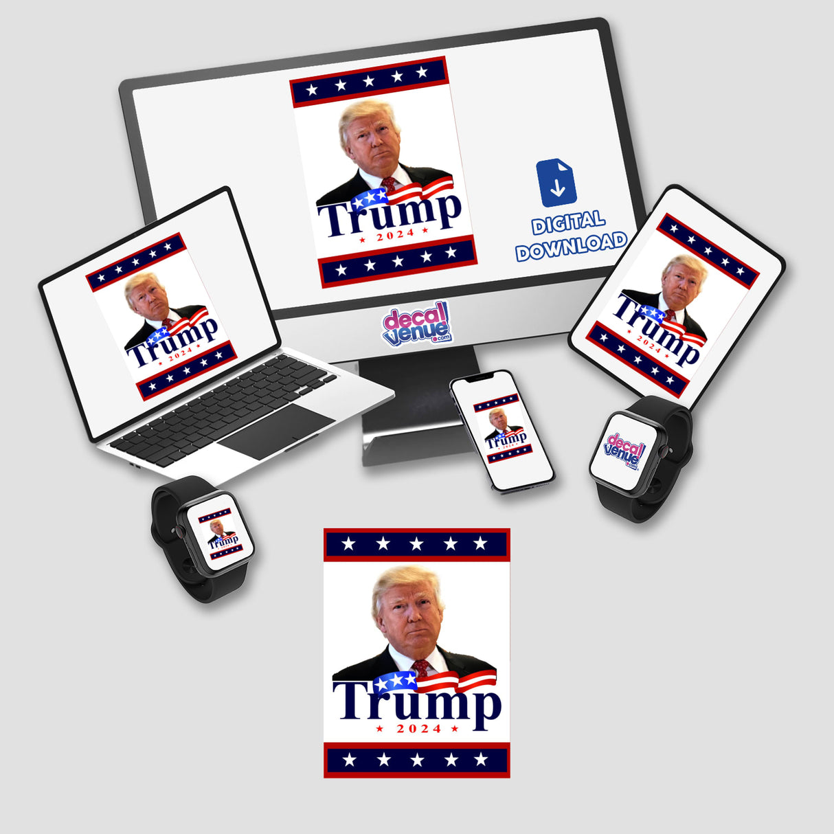 Digital artwork featuring Donald Trump, the 45th President of the United States, on various electronic devices and products.