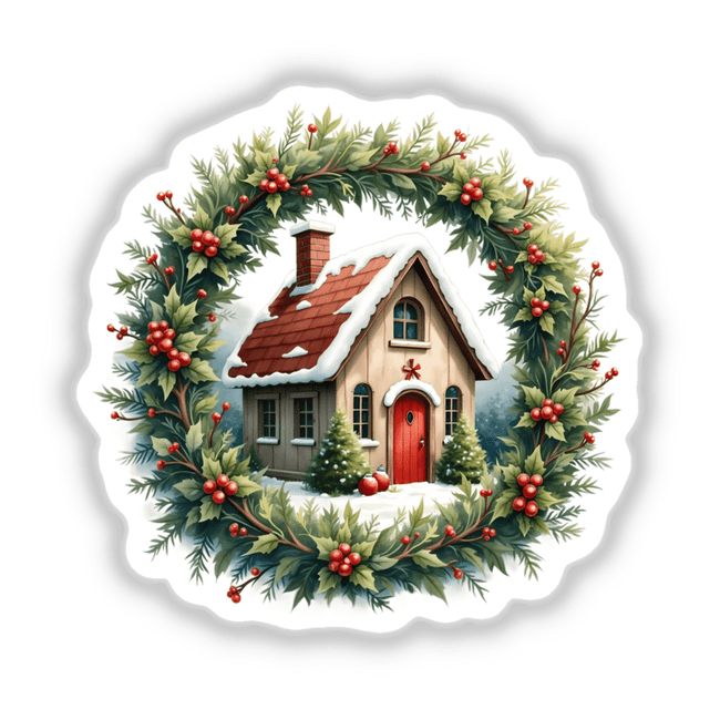 Cozy Cottage in a Christmas Wreath: A festive wreath featuring a charming snow-topped house adorned with red berries, ideal as stickers or digital artwork from Decal Venue.