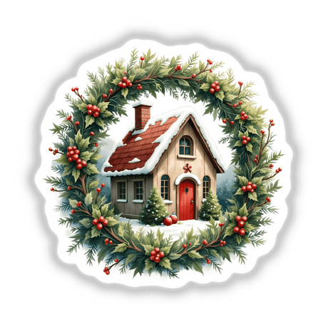 Cozy Cottage in a Christmas Wreath: A festive wreath featuring a charming snow-topped house adorned with red berries, ideal as stickers or digital artwork from Decal Venue.