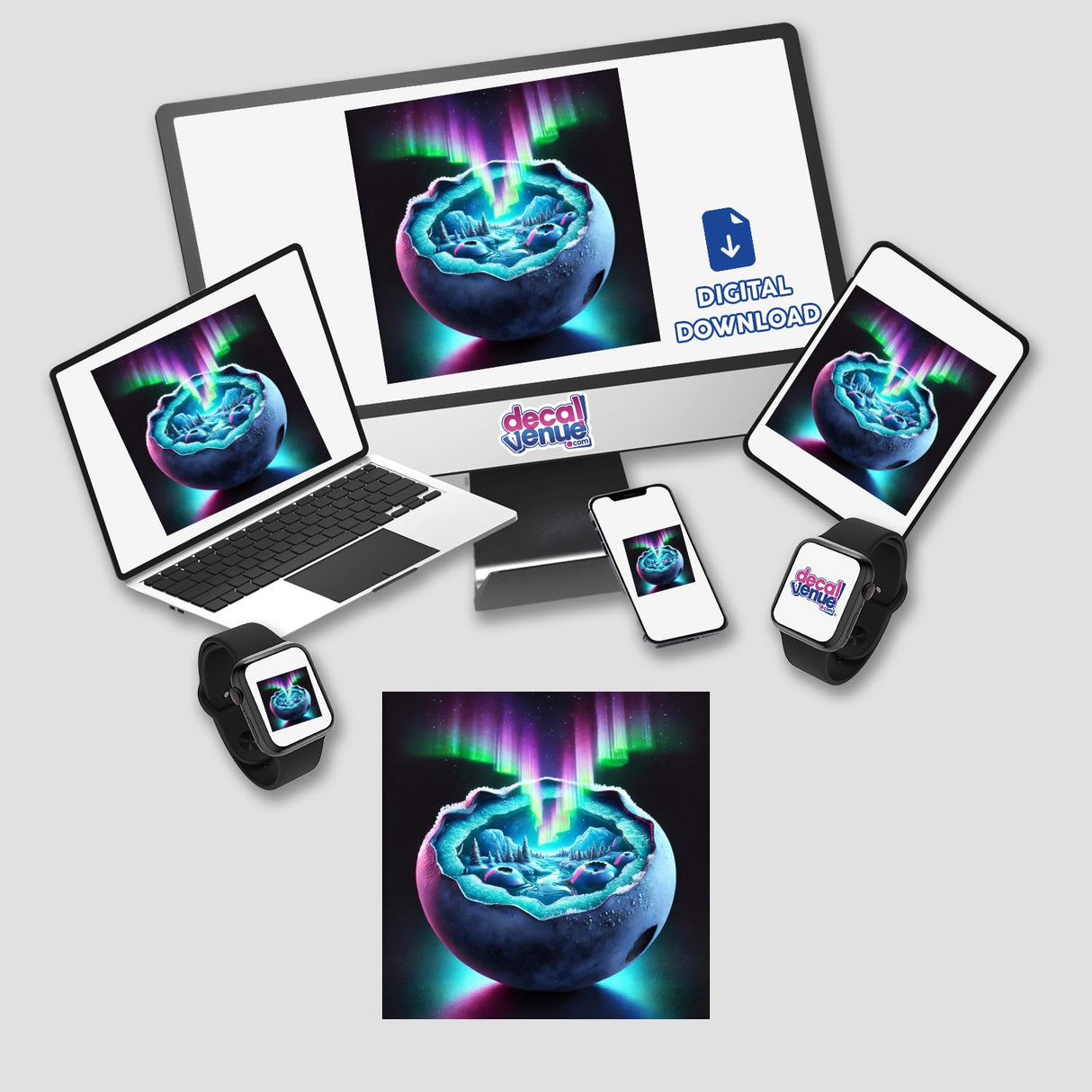 Aurora Borealis Northern Lights Inside a Blueberry sticker or digital download, featuring surreal landscapes on various devices, including laptops, tablets, and phones.