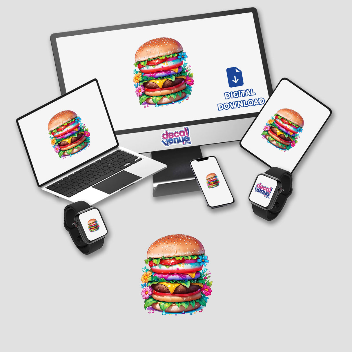 Laptop and smartwatches displaying vibrant flower-themed burgers, available as unique stickers or digital artwork from Decal Venue.