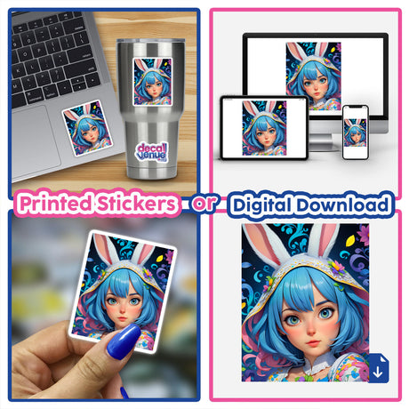 A collage featuring A Cute Easter Bunny Girl as a cartoon character with blue hair and rabbit ears, available as stickers or digital artwork, displayed on a laptop.