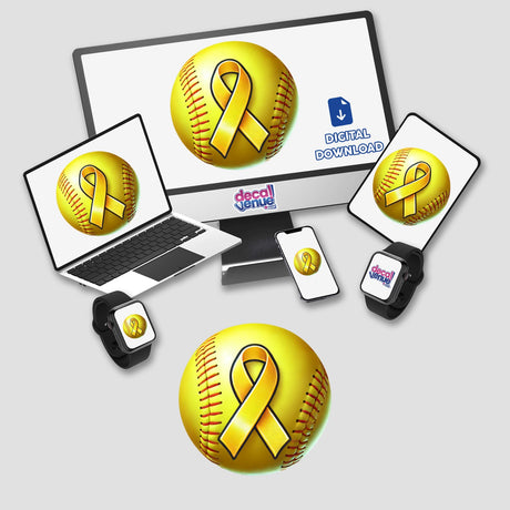 Computer monitor and laptop displaying Softball Yellow Ribbon Childhood Cancer Awareness. Available as stickers or digital artwork from Decal Venue.