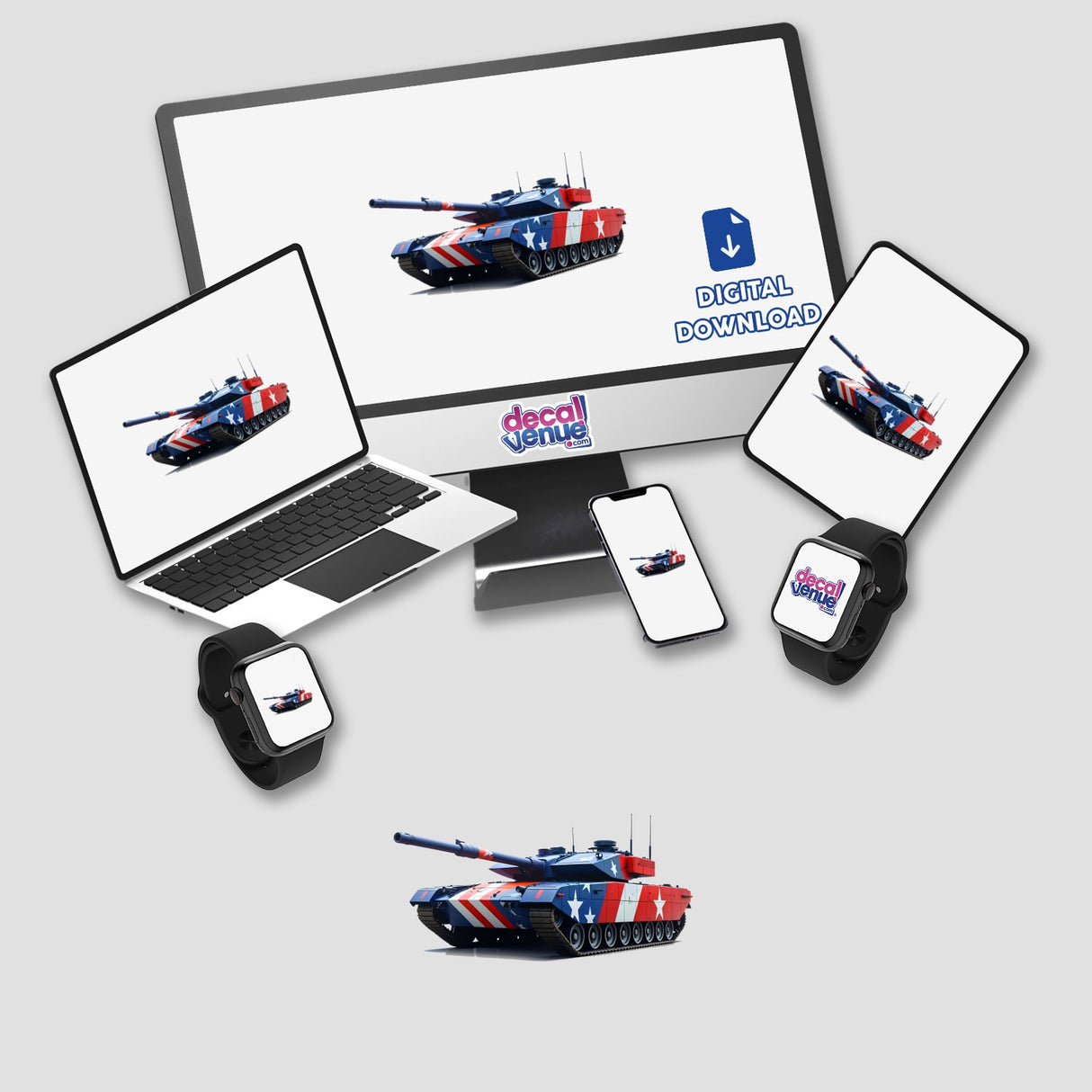 A Cool American Flag Army Tank depicted on various digital screens, showcasing its design available as stickers or digital artwork from Decal Venue.