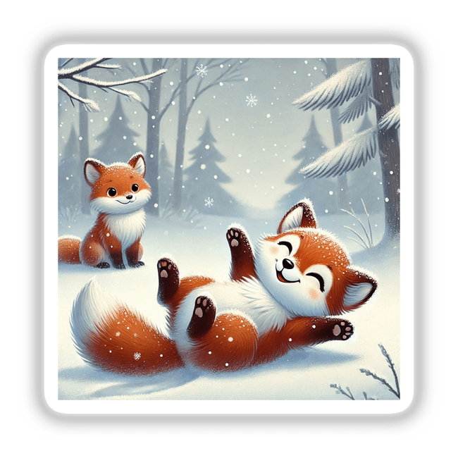 Two Foxes Playing: A cartoon depiction of two foxes frolicking in the snow beneath a snow-covered tree branch, available as unique stickers or digital artwork from Decal Venue.