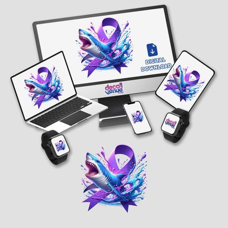 Shark Purple Awareness Ribbon displayed on a computer monitor and laptop, available as stickers or digital artwork. Features a shark design with a purple ribbon theme, ideal for unique vinyl sticker enthusiasts.