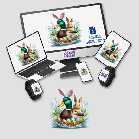 Mallard Duck and Easter Bunny Pals displayed on various devices, showcasing stickers or digital artwork featuring a duck and bunny with eggs, available at Decal Venue.