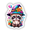 Tiny raccoon Witch: A cartoon illustration of a raccoon wearing a witch hat, available as stickers or digital artwork.