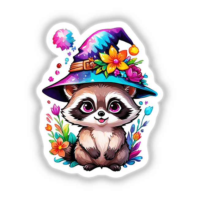 Tiny raccoon Witch: A cartoon illustration of a raccoon wearing a witch hat, available as stickers or digital artwork.