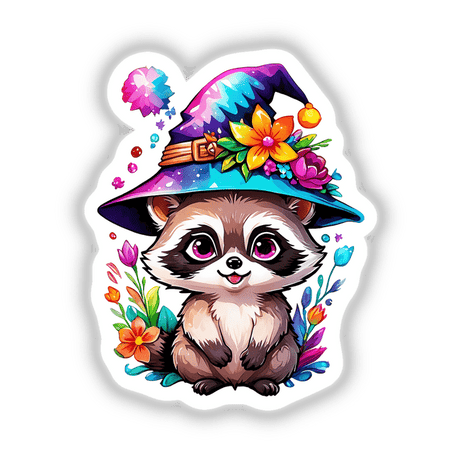 Tiny raccoon Witch: A cartoon illustration of a raccoon wearing a witch hat, available as stickers or digital artwork.