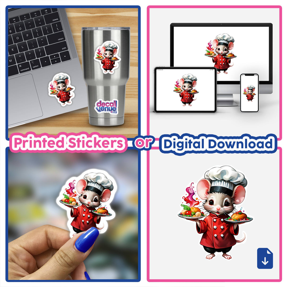 Cute Chef Mouse Sticker Design: Whimsical Culinary Adventures featuring a cartoon mouse holding a plate of food, ideal for laptops or digital artwork.