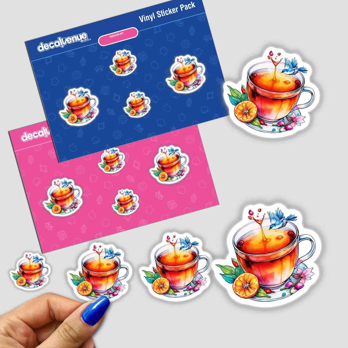 Sticker featuring a teacup splash with a bird flying over it, available as stickers or digital artwork from Decal Venue.